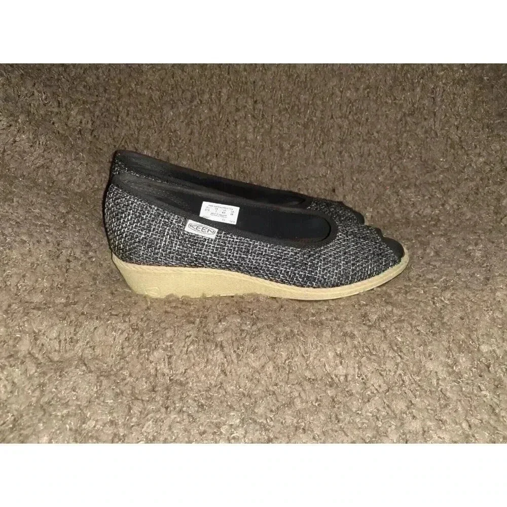 KEEN Cortana-Wedge Jute Shoes-Black/Gray Peep Toe-Sz 7-Near Mint